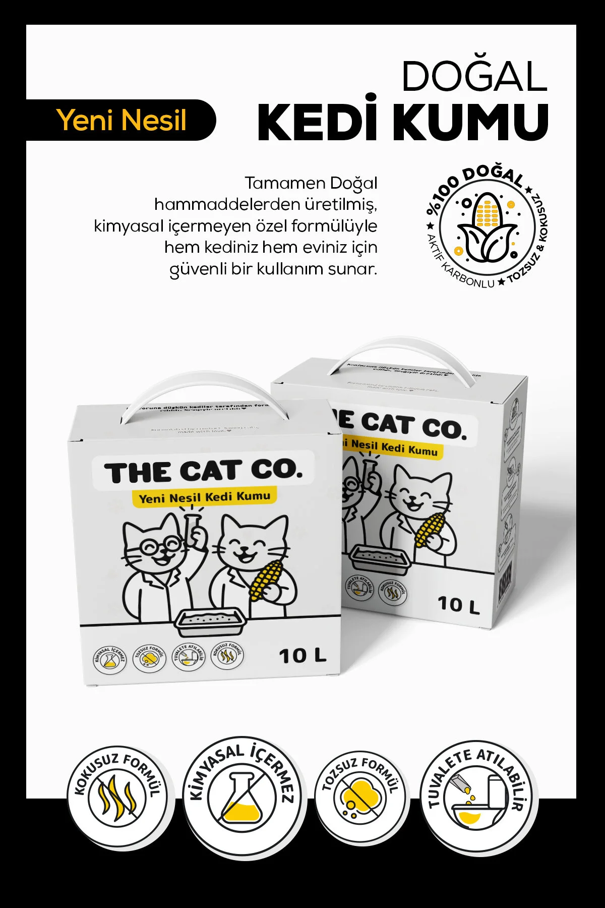 %100 Doğal Aktif Karbonlu Topaklanan Kedi Kumu Tozsuz & Kokusuz, Yüksek Emicilik 10 Litre