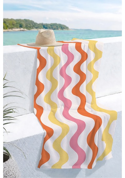 Retro Dalgalı Çizgili Plaj Havlusu - Bohem Modern Turuncu Sarı Pembe Hızlı Kuruyan Mikrofiber Havlu Gölgeli Tınısı Retro Dalgalı Çizgili Plaj Havlusu - Bohem Modern Turuncu Sarı Pembe Hızlı Kuruyan Mikrofiber Havlu Gölgeli Tınısı
