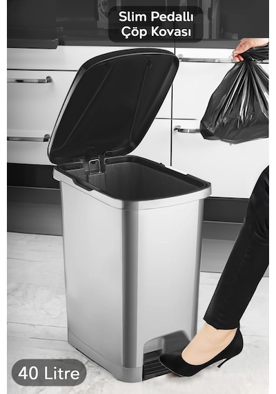 Pedallı Gri Banyo Mutfak Çöp Kovası Siyah Kapaklı Slim Pedallı Çöp Kovası 40 Litre Gri