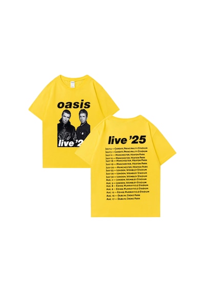 Flood Of Style Oasis Canlı 25 Tur Grafik T-shirt Adam Kadın Sıcak Satış 100% Pamuk Rahat O-boyun Kısa Kollu Sarı