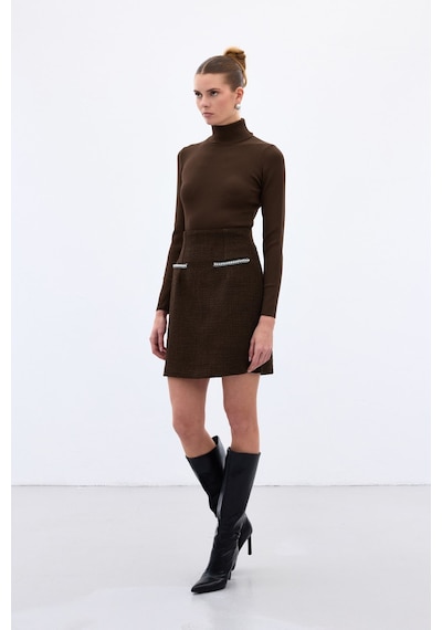 Sateen Aksesuar Detaylı Tüvit Etek - Kahve-136343 Kahve