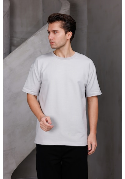 Erkek Basic Oversize Bisiklet Yaka 2 İki İplik Kompakt T-shirt Ekru