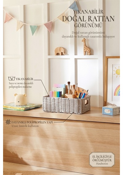 Ocean Home Textile Çocuk Odası Yıkanabilir Gri Pp Rattan Sepet 33 X 23 X 11 Cm