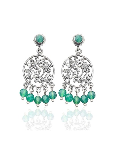 Oya Silver Retro İri Kesme Zümrüt Taşlı Otantik Gümüş Kadın Küpe 5.5x2.5 Cm