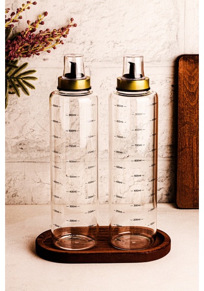 Bottle - 3 Parça Ahşap Standlı Damlatmaz 1 Lt Cam Yağdanlık Borosilikat Yağlık Sirkelik 1000ml SNPBOTTLEGLD3