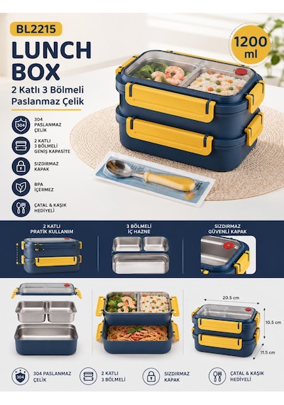 Vagonlife Bl2215 Lacivert 1200 Ml 2 Katlı 3 Bölmeli Paslanmaz Çelik Yemek Kabı Lunch Box Çok Renkli