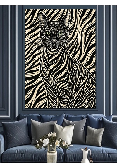 Ahşap Tablo Zebra Desenli Sanatsal Kedi Portresi