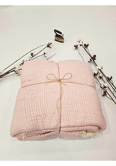 Pembe 7 Katlı Çift Taraflı Dolgulu Çift Kişilik Müslin Battaniye %100 Pamuk 230x240 Cm Pembe