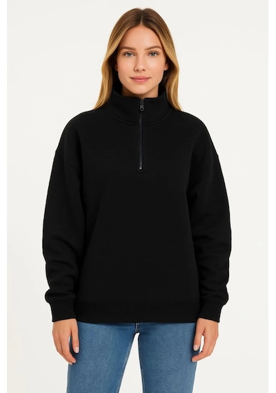 Üç İplik Dık Yaka Yarım Fermuarlı Sweatshirt - Siyah SIYAH
