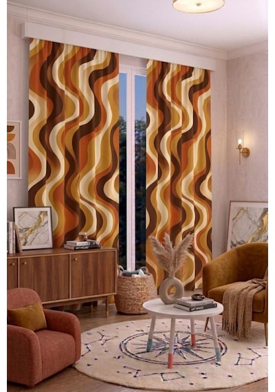 Modern Vintage Desenli Fon Perdesi 140x260 Cm 2 Kanat Dekoratif Dijital Baskılı Premium Salon Oturma Odası Yatak Odası Pencere Perdesi Çok Renkli