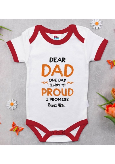 Bk Gift Bk Kids Kişiye Özel Dear Dad Tasarımlı Kırmızı Bebek Body Zıbın-1 Çok Renkli