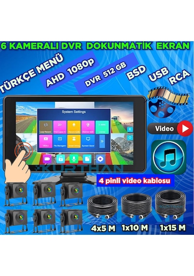 6 Ch 10 İnç Dokunmatik 1080p 6 Kameralı 4k Ultra Hd 512 Gb Dvr-usb-bsd Monitör Seti 12 - 24 Volt