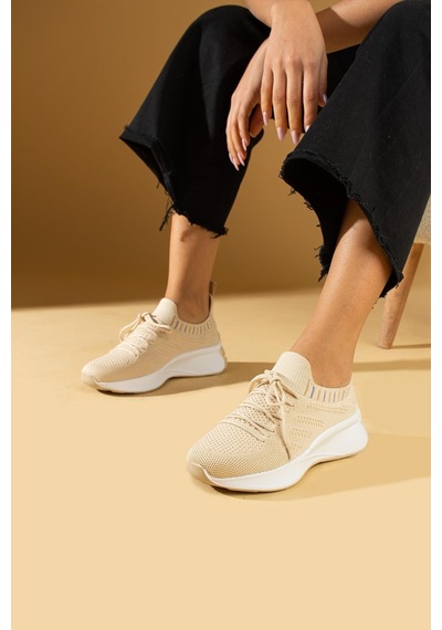 Shoetek Faina Kadın Sneakers Triko Dokumalı Bağcıklı Spor Ayakkabı Bej Bej