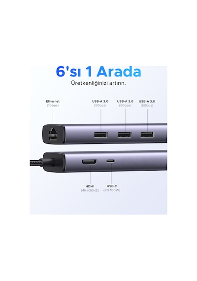 Revedok 6-in-1 3 Usb 3.0, 4k/30hz Hdmı, 100w Pd Type-c, Rj45 Port Çoklayıcı Hub, 15598