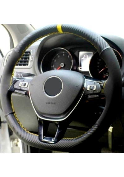 Renault Modus Uyumlu Alkantara Karbon Sarı Yüzüklü Deri Dikmeli Direksiyon Kılıfı