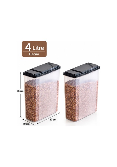 Porsima Ak-571 2'li Erzak Kabı Seti 2 X 4 Lt Ölçü Çizgili, Pratik Açılır Siyah Kapaklı Kuru Gıda & Bakliyat Saklama Kabı Şeffaf