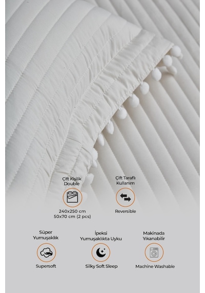 Evlen Home Collection Ponponlu Çift Kişilik %100 Pamuk Yatak Örtüsü Pike Takımı Krem Beyaz