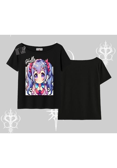 Tarzsokak Kayık Yaka Tshirt Hello Anime Kız Sevimli Karakter Baskılı Siyah
