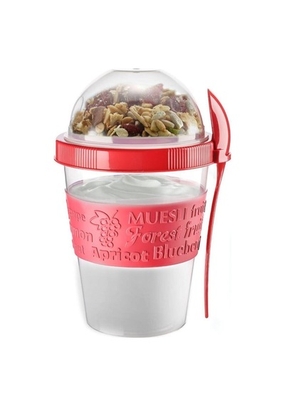 Meyve Hazneli Kaşıklı Portatif Yoğurt Kabı Kırmızı - 600 Ml.