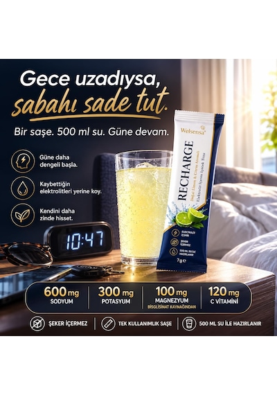 Recharge 20 Saşe, Şekersiz Elektrolit İçecek Tozu, Magnezyum Bisglisinat Ve C Vitamini, Limon & Citrus Aromalı