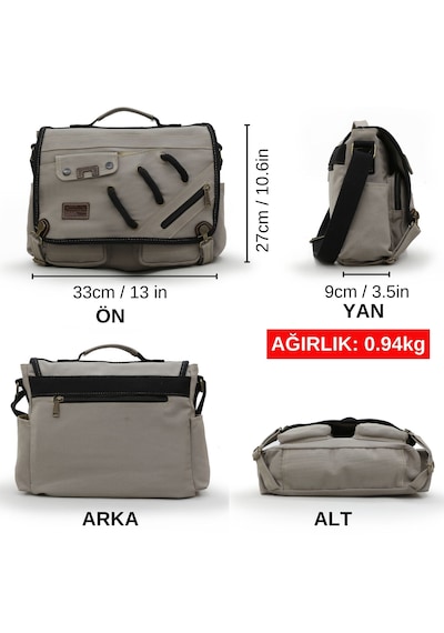 Cappadocia Vintage 4017 Açık Gri 14" Laptop Kanvas Postacı Okul Çantası Unisex Kilitli Çok Cepli Omuz Askılı Açık Gri