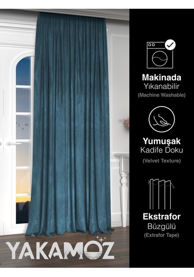 Yakamoz Kadife Görünüm Güvercin Mavisi Ada Fon Perde Ekstraforlu Velvet Touch Serisi Güvercin Mavisi