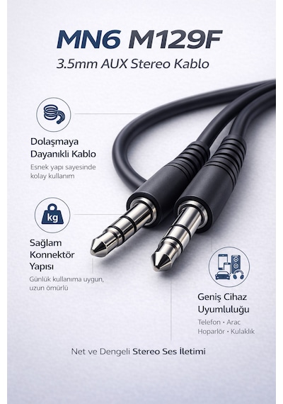 M129f Aux Kablo 3.5mm Erkek-erkek 3m Stereo Ses Kablosu 3 Metre
