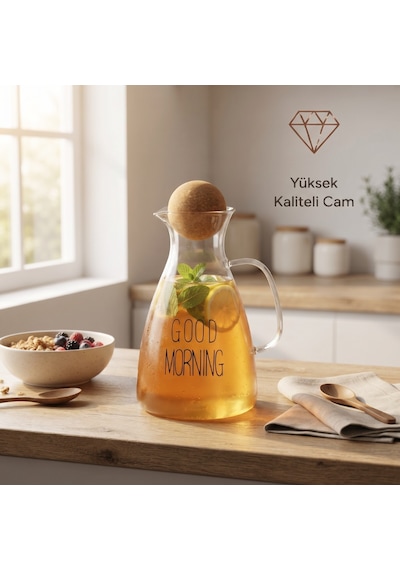 Zvnm Yuvarlak Mantar Kapaklı Sürahi - 1500 Ml - Yüksek Kaliteli Cam Zcv12