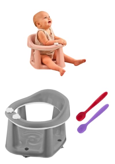 Flosoft Vakumlu Bebek Banyo & Mama Oturağı + Silicolife 2 Adet Silikon Mama Kaşığı Hediye Gri