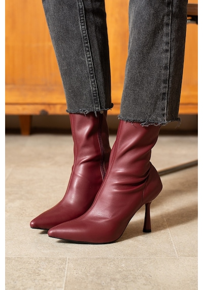 Dabab Shoes Marya Kadın Bordo Streç Cilt Sivri Burun Sıcak Astarlı Fermuarlı 7 Cm İnce Topuklu Bot Bootie