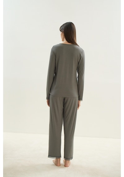 Sevim Kadın Uzun Kol Kaşkorse Haki Pijama Takım C7t7n1o61 001