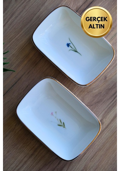 Tabak Evi Porselen Natura Karma Altın Yaldızlı Dikdörtgen Kayık Tabak 14x9,8cm 2 Parça Çok Renkli