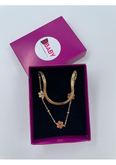 Xbaby İkili Yonca Çiçekli Çelik Gold Kolye Gold