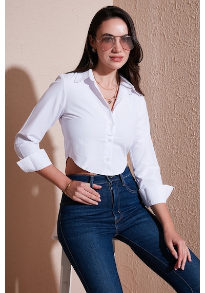 Lela Pamuk Karışımlı Slim Fit Uzun Kollu Crop Bayan Gömlek 6777336 Beyaz