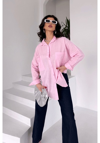 Paw Garage Kadın Harper Çift Cepli Oversize Keten Gömlek, 2025 Summer Collection Pembe
