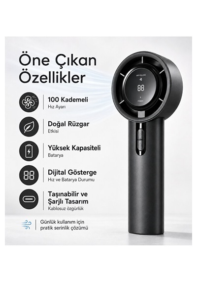 100 Kademeli Dijital Göstergeli Şarjlı El Fanı Taşınabilir Yüksek Hızlı Mini Vantilatör Siyah
