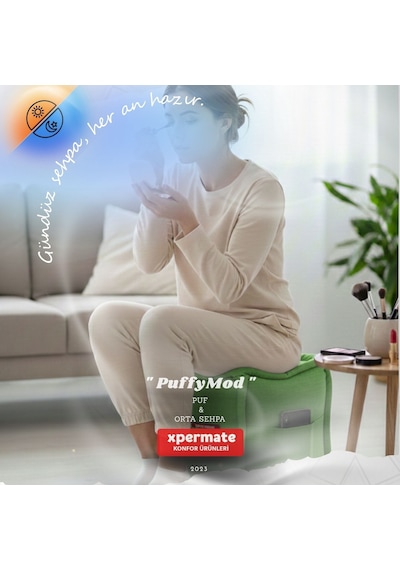 Dekoratif Kare Puf Orta Sehpa Ayak Uzatma Puf 40x40x42 Cm Puffymod Yeşil