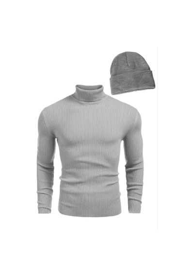 Unisex Kaşkorse Boğazlı Full Likralı Fitilli Body Kazak ve Bere - Gri