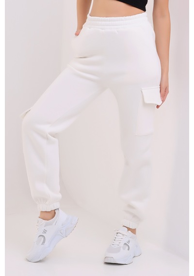 Winmoda34 Kadın Jogger Kalın 3 İplik Yandan Cepli Kargo Eşofman Altı Ekru