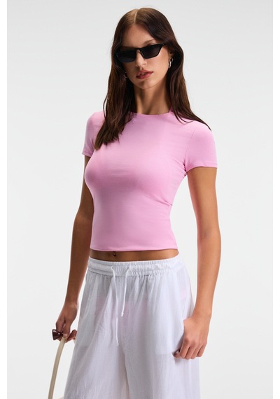 Ethıquet TARELIA Kadın Bisiklet Yaka Kısa Kollu Slim Pembe T-Shirt