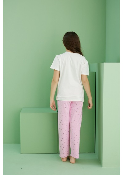 Siyah İnci Pamuklu Bisiklet Yaka Örme Pijama Takım25117085 Ekru