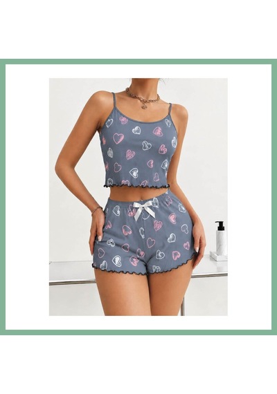 Bşkvirgo Kadın Gri Kalp Desenli Dantel Askılı Şortlu Pijama Takımı 5265 Beden: L/xl Renk: Gri Bsk2026