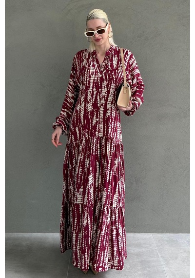 Madmext Bordo Desenli Önü Düğmeli Uzun Kollu Elbise Mg2398 Bordo