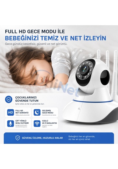 Uninet Wifi Akıllı Ev Kamerası Uzaktan Izleme, Gece Görüşü Ve Sesli Iletişim 355 Derece Döner Özellikli Ptz Kamera