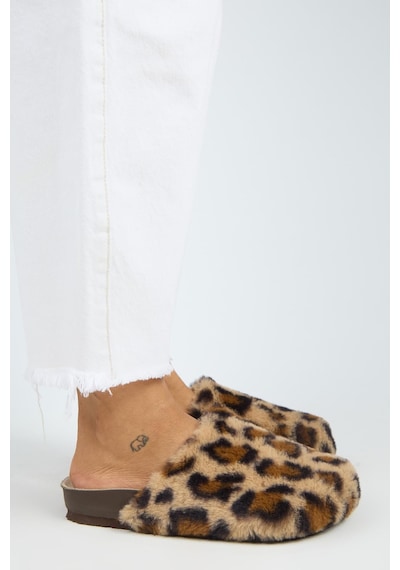Manijero Leda Kadın Peluş Düz Taba Leopar Terlik Taba - Leopar