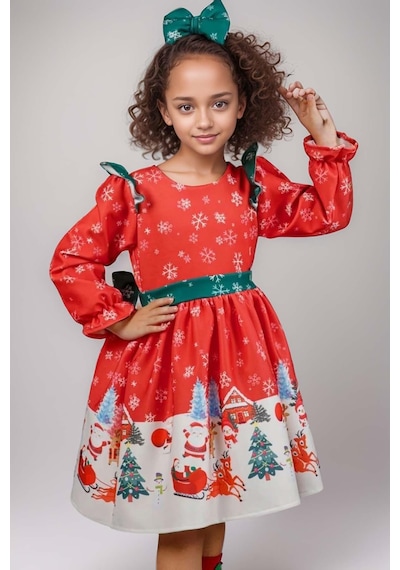 Riccotarz Kız Çocuk Omuzları Fırfırlı Geyik Ve Kar Tanesi Baskılı Kırmızı Noel Elbise Kırmızı Riccotarz Kız Çocuk Omuzları Fırfırlı Geyik Ve Kar Tanesi Baskılı Kırmızı Noel Elbise Kırmızı