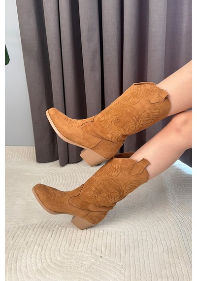 Preshley Kadın Clind Taba Süet Nakişlii Western Kovboy Bot & Çizme TABA SÜET