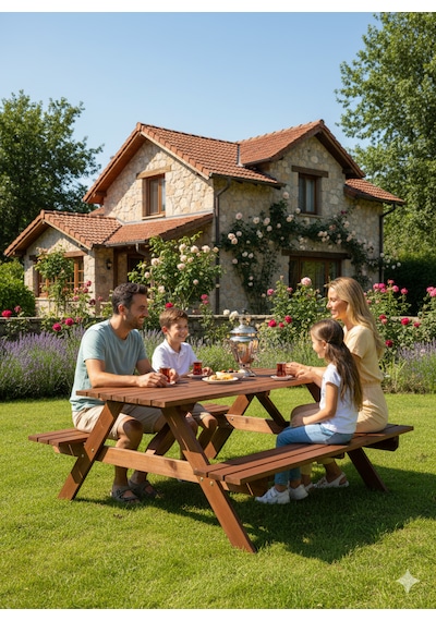 Masif Çam Piknik Masası Dış Mekan Ahşap Bahçe Oturma Grubu Kahverengi