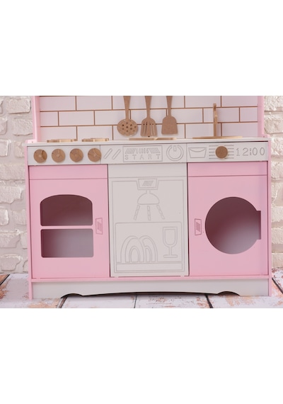 Boyalı Pembe Ahşap Oyuncak Bulaşık Makine Detaylı Mutfak Tabak Ve Spatula Seti Hediye