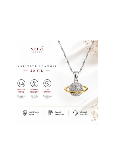 Servi 925 Ayar Gümüş Altın Yörünge Detaylı Satürn Gezegen Kolye-496